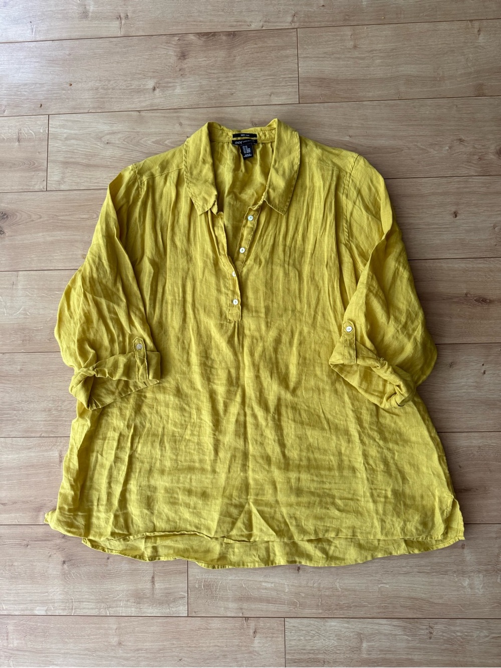 Jones New York 100% Linen Tunic Top Mustard Yellow Roll Tab Sleeve 2X